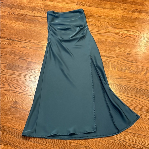 Hello Molly Dresses & Skirts - Hello Molly Teal Satin strapless midi dress with slit, 4